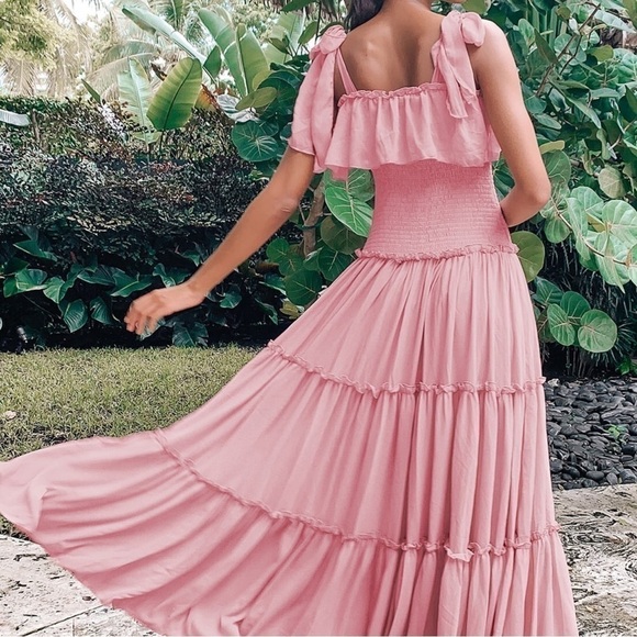 NEW- Lulu's Like a Fairy Tale Dusty Pink Smocked Tie-Strap Tiered Maxi Dress MD - Picture 11 of 16